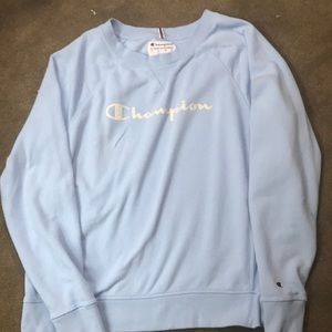 fleece champion crewneck light blue, white letters